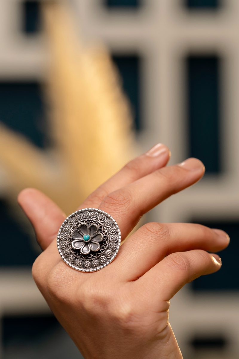 Silver Oxidised Adjustable Round Ring with Flower Design