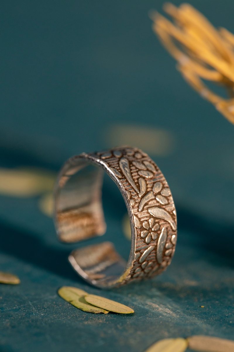 Adjustable Etched Brass Ring with Flowers