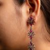 Oxidized Stone-Studded Pink Floral Silver Earrings