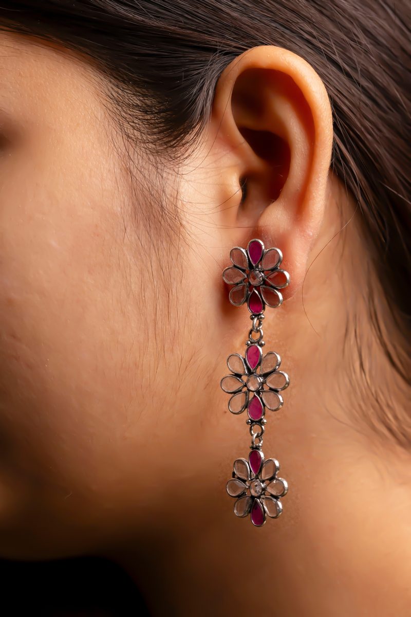 Oxidized Stone-Studded Pink Floral Silver Earrings