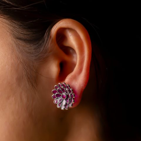 Pink Stone Silver Floral Stud Earrings