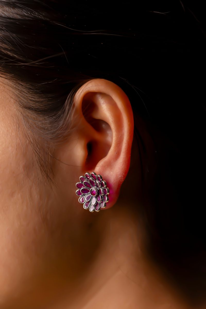 Pink Stone Silver Floral Stud Earrings