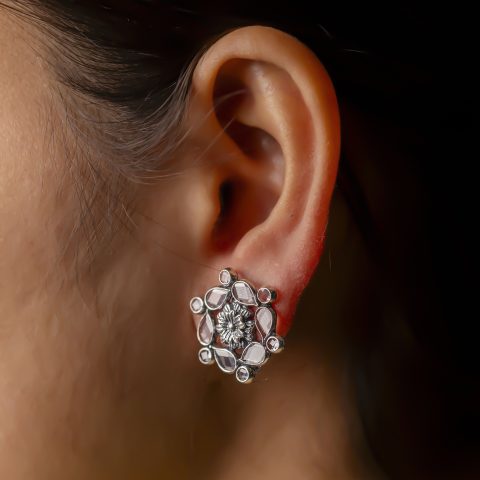 Flower Silver White Stone Stud Earring