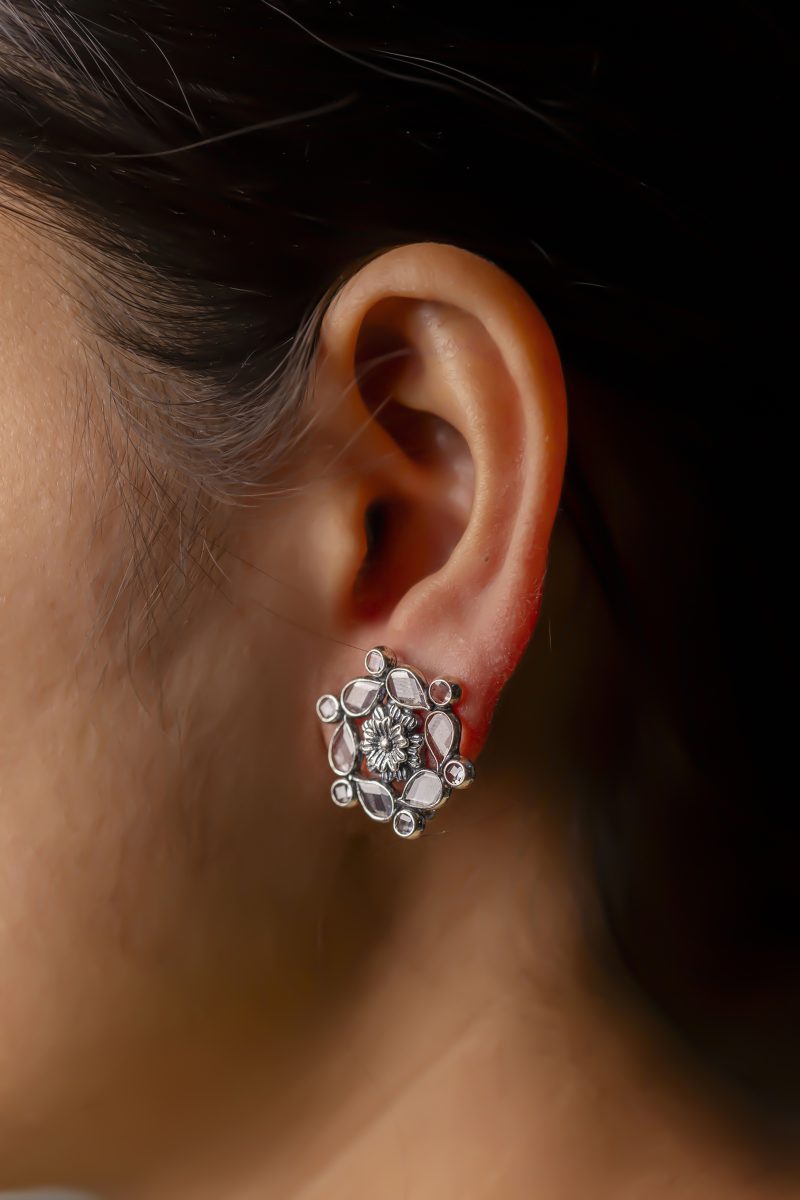 Flower Silver White Stone Stud Earring