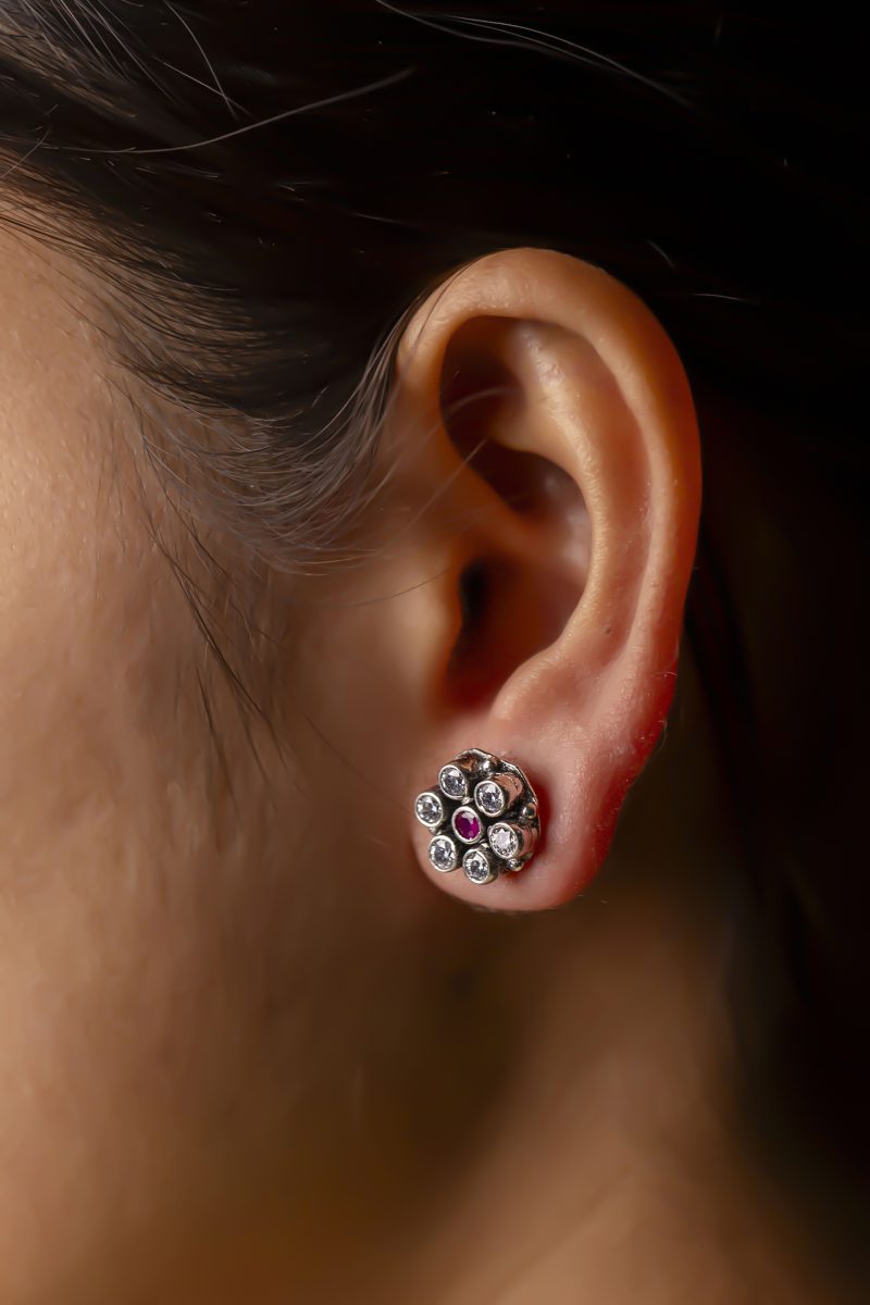 Floral Cut Stone Stud Silver Earrings