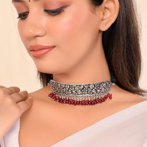 Silver-Plated Studded Oxidized Choker Jewellery