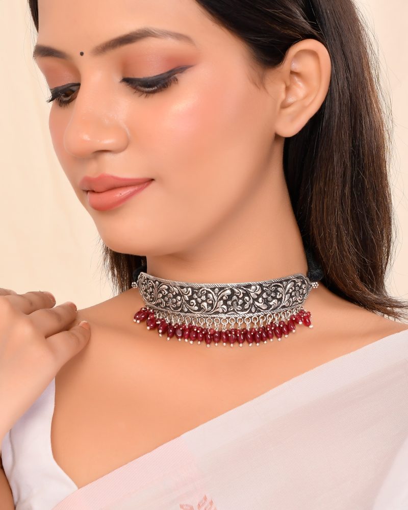 Silver-Plated Studded Oxidized Choker Jewellery