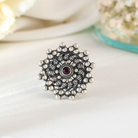 Western style Oxidised Silver Round Red Stone Ring